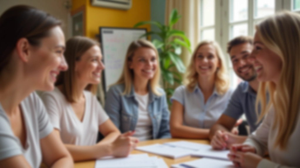 Gruppo di studenti adulti in classe di spagnolo in Italia, impegnati nella pratica conversazionale in un ambiente di apprendimento vivace