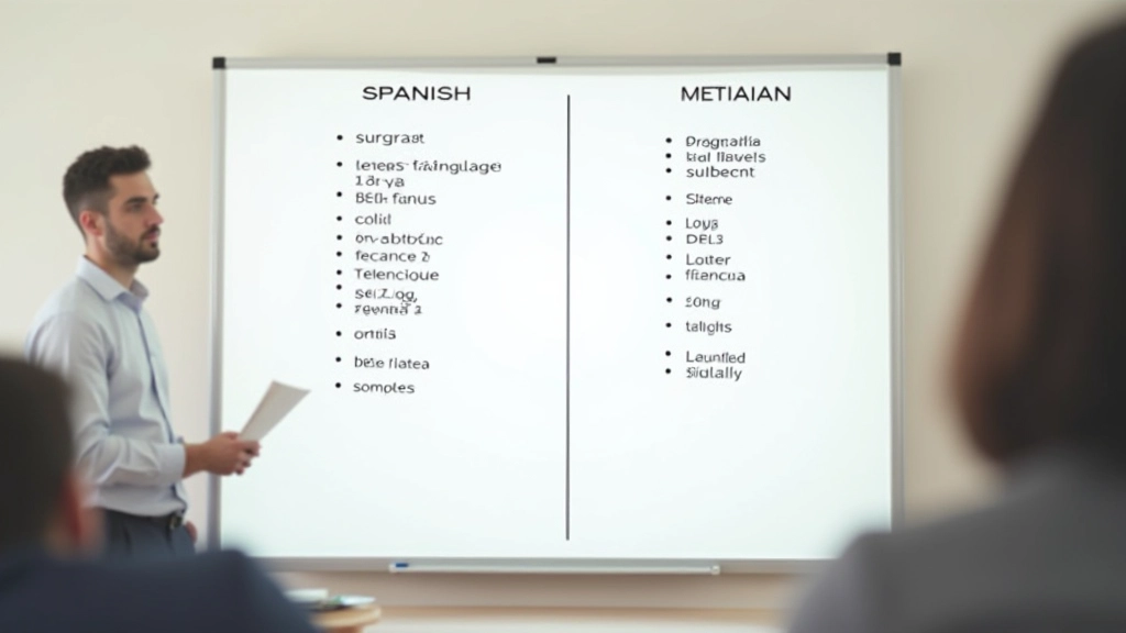 Lavagna con elenco di parole spagnole e italiane a confronto, con evidenziazioni colorate che mostrano le somiglianze linguistiche