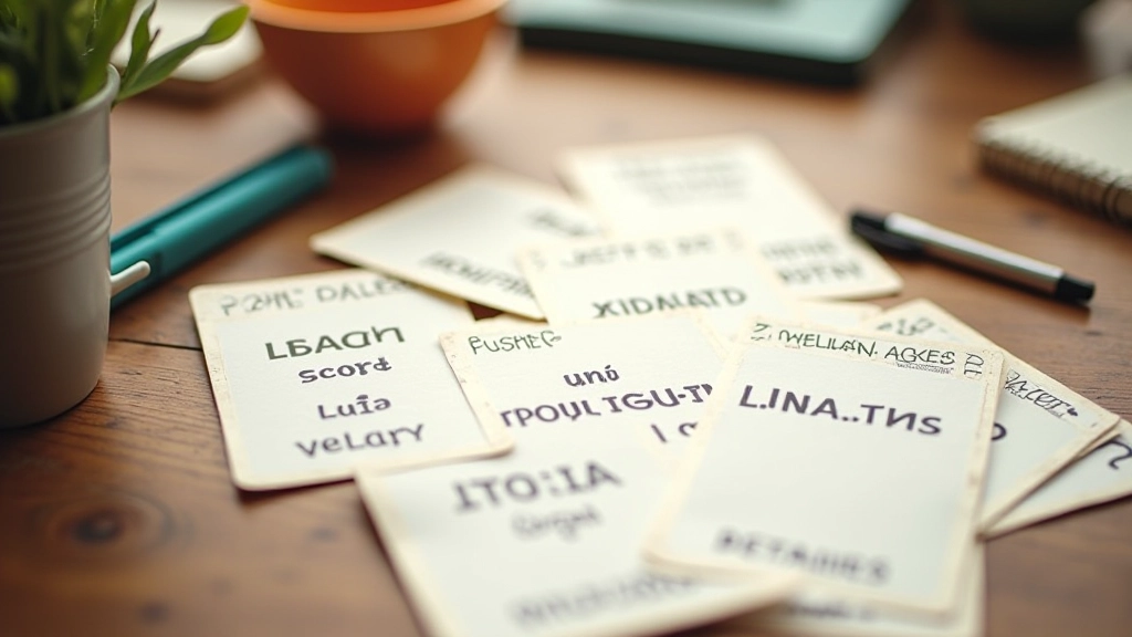 Flashcard con saluti spagnoli di base su tavolo in legno, con penna e taccuino di studio