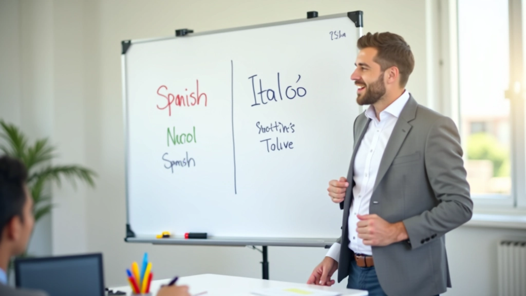 Parallelo linguistico tra parole spagnole e italiane su lavagna bianca con evidenziazioni colorate