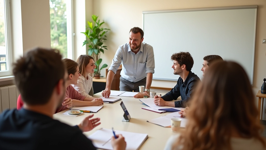 Aula moderna di spagnolo in Italia con insegnante e studenti che partecipano attivamente a una lezione