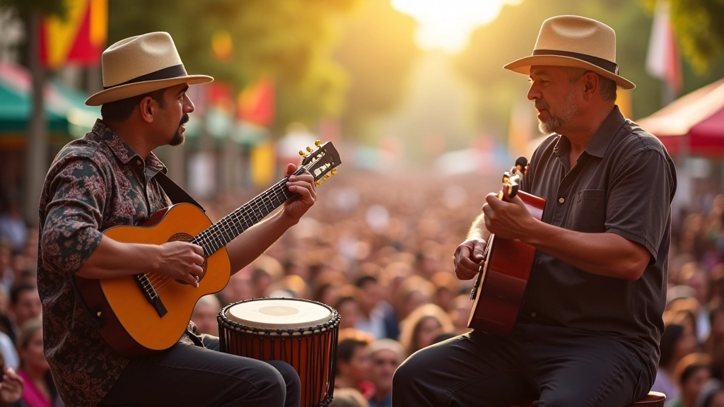 Musicisti che suonano strumenti tradizionali latinoamericani in un festival colorato con il pubblico che balla
