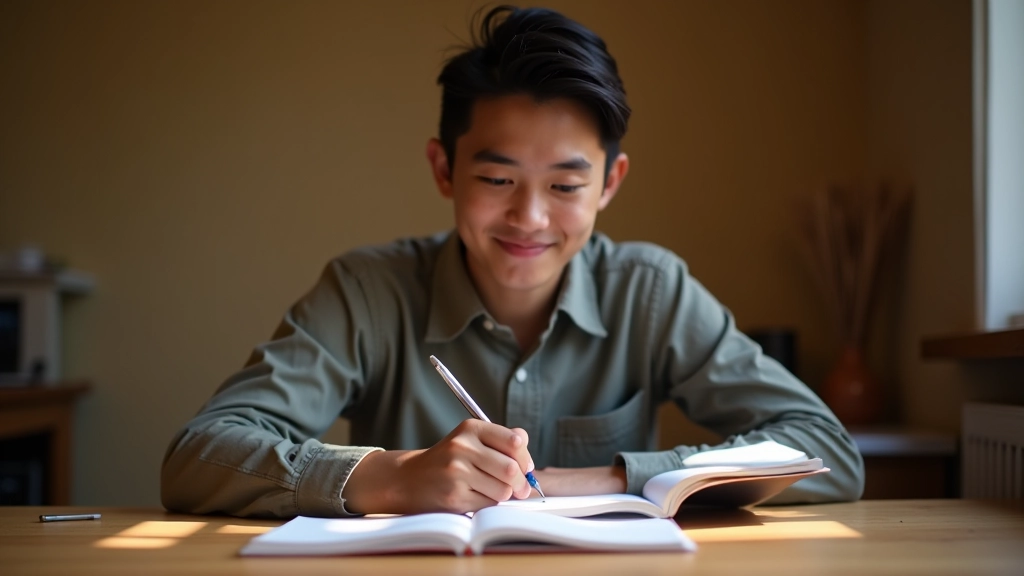 Persona che studia grammatica spagnola con quaderno aperto, mostrando schemi di coniugazione verbale e strutture sintattiche comuni all'italiano