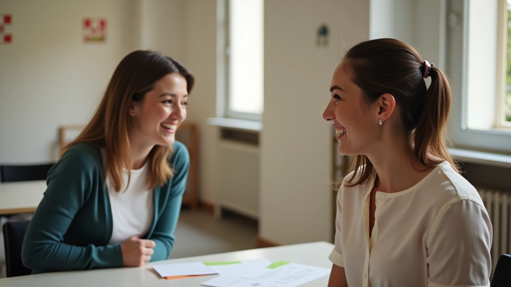Insegnante e studente che conversano durante una lezione di spagnolo, con atmosfera accogliente e di apprendimento positivo in un'aula moderna