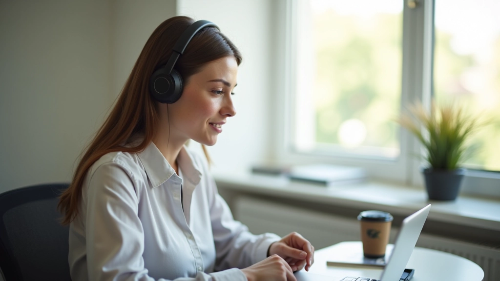 Persona che pratica la pronuncia spagnola, con microfono durante una lezione online interattiva