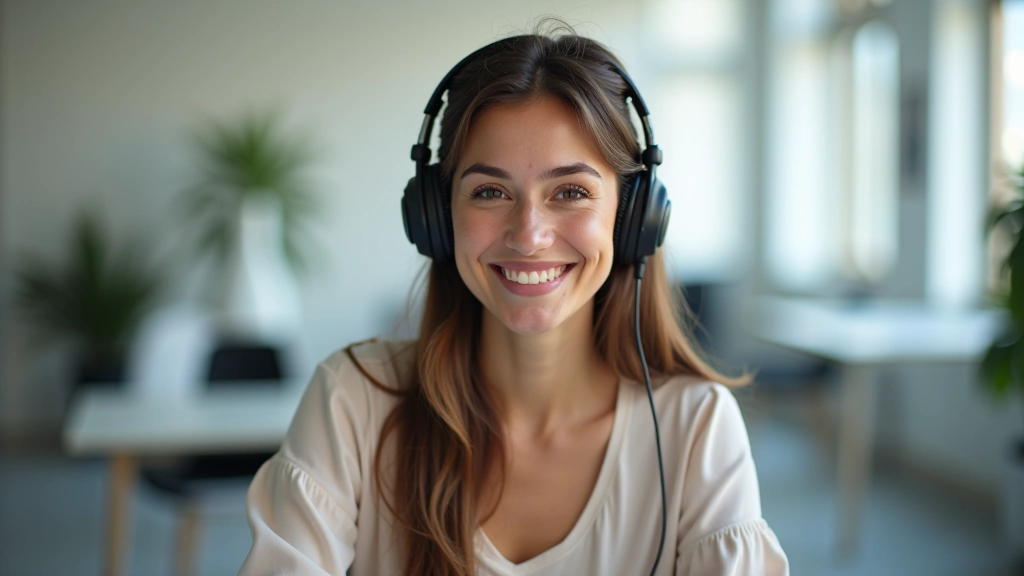 Donna che pratica la pronuncia dello spagnolo con cuffie, seduta a una scrivania luminosa, con espressione concentrata e felice